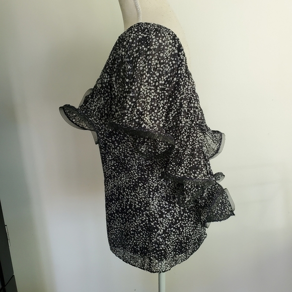 Badgley Mischka Navy Flouncy Mesh Ruffle Sequin Pleated Silk Top - Picture 5 of 11